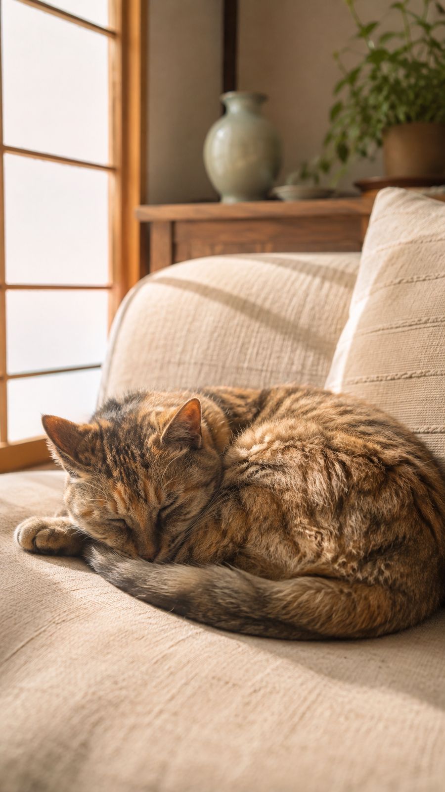 ソファで丸くなって眠る猫